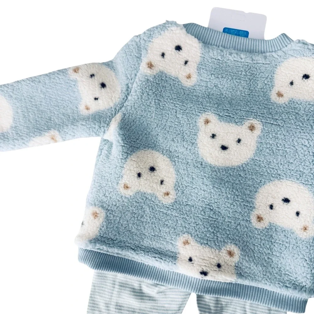 Carter's 2pc Cozy Set Kids 9M Blue New Sherpa Polar Bear Fleece Striped Pants